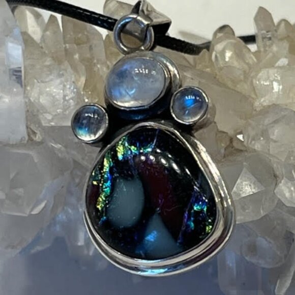 Moonstone and Dichroic Glass .925 Sterling Pendant - Picture 3 of 6